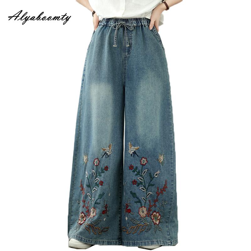 Plus Size Spring Summer Women Wide Leg Jeans Drawstring Elastic Waist Floral Embroidery Casual Loose Denim Pants Vintage Elegant Baggy Ladies' Jeans
