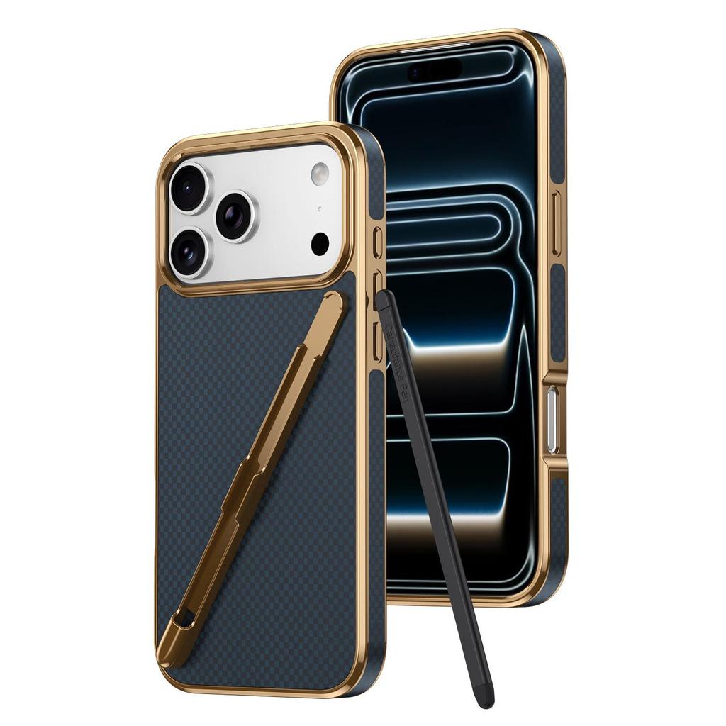 Plaid Cross-Side Sticker for iPhone 17 Pro Max Electroplated Case with Pen Slot for Apple 16 Integrated Case