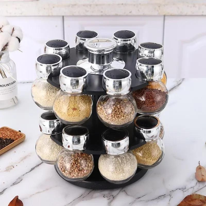 Rotating12Pcs Condiment Set Spice Jar StorageBox HomeKitchen Cruet Condiment Bottle Coffee Sugar Seal Jar Container Rack