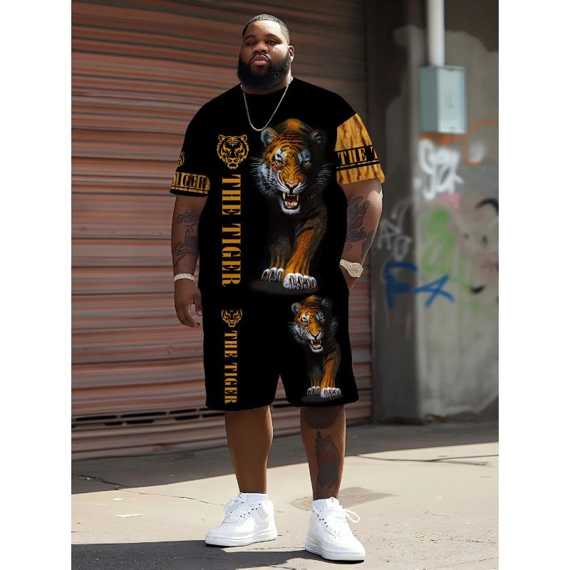 Летний мужской повседневный дышащий комплект из футболки с круглым вырезом и шорт, классный дизайн с тигром, летний уличный, большого размера, комплект из двух предметов XXL