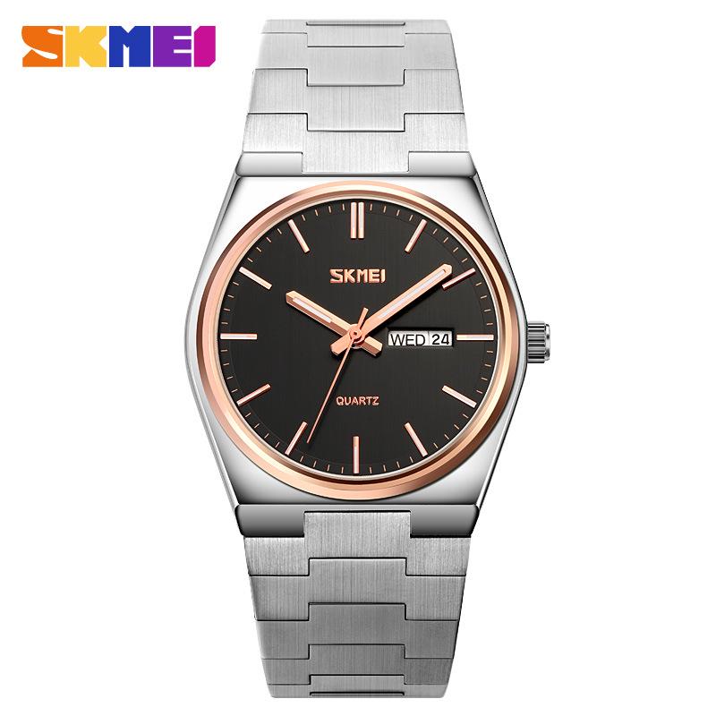 Skmei Men's Business Casual Quartz Watch, Stainless Steel, Double Calendar, Thin Design