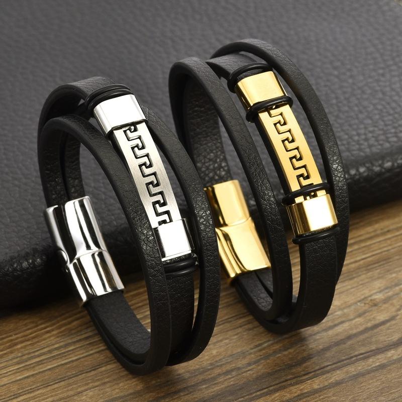 Gold Plated Stainless Steel Great Wall Patterned Leather Bracelet, Personalized Punk Magnetic Buckle, Multi-layer Leather Bracelet for Men