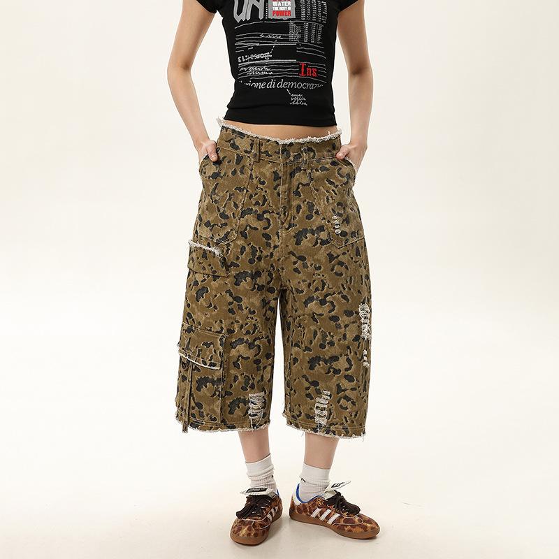 

JYL Unisex Cargo Shorts American Leopard Vintage Summer Street Washed Trendy Denim M старый серебряный
