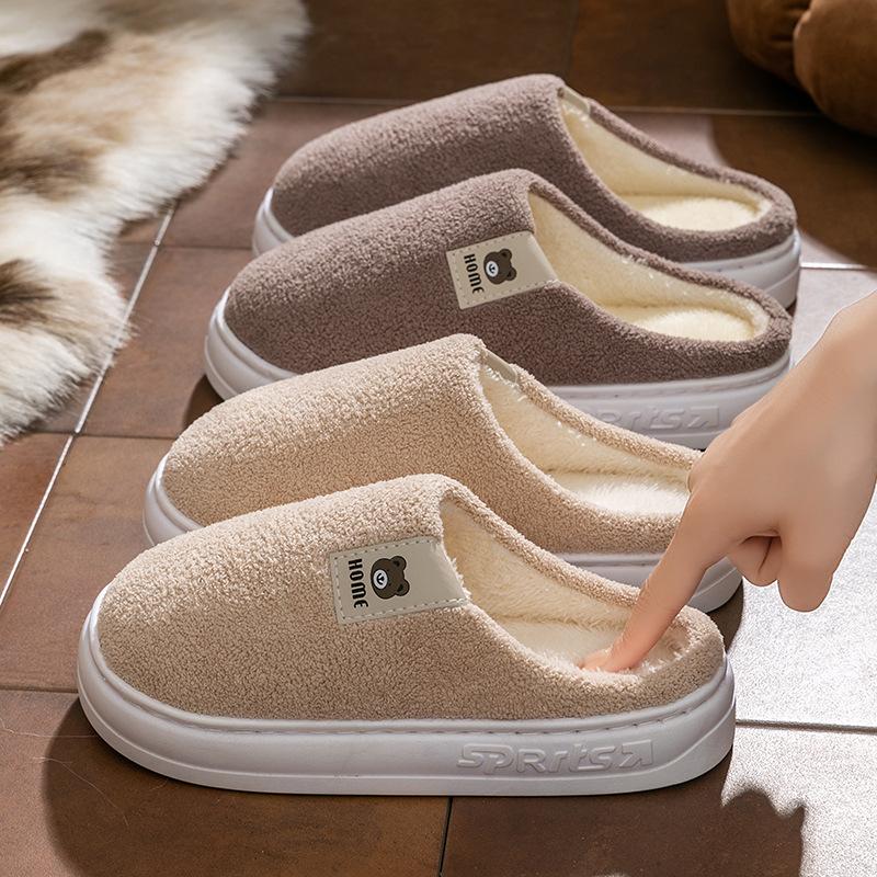 Non-slip Bottom Thermal Cotton Slippers Winter Home Piled Thickened Couple Cartoon Bear Plush Slippers