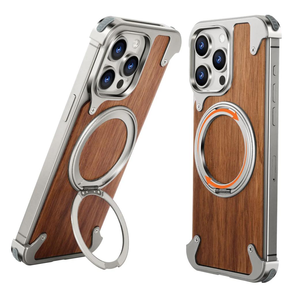 Oatsbasf Magnetic Phone Case for iPhone 16 Pro/16 Pro Max with 360°Rotatable Stand Wooden Protective Cover Wireless Charging