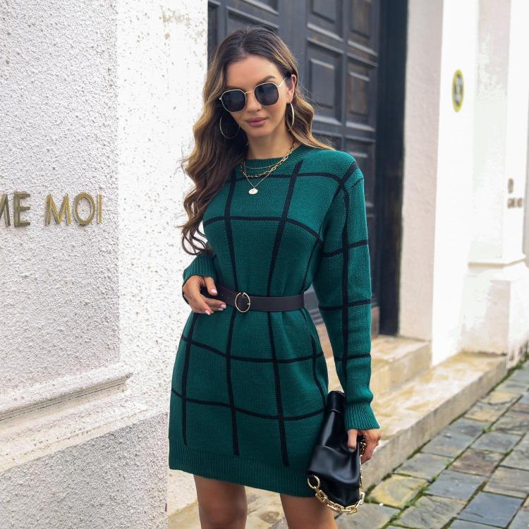 New Fall Winter Women Loose Knitted Long Sleeve Sweater Dress Plaid Contrast Color Bottoming Sizes S to L