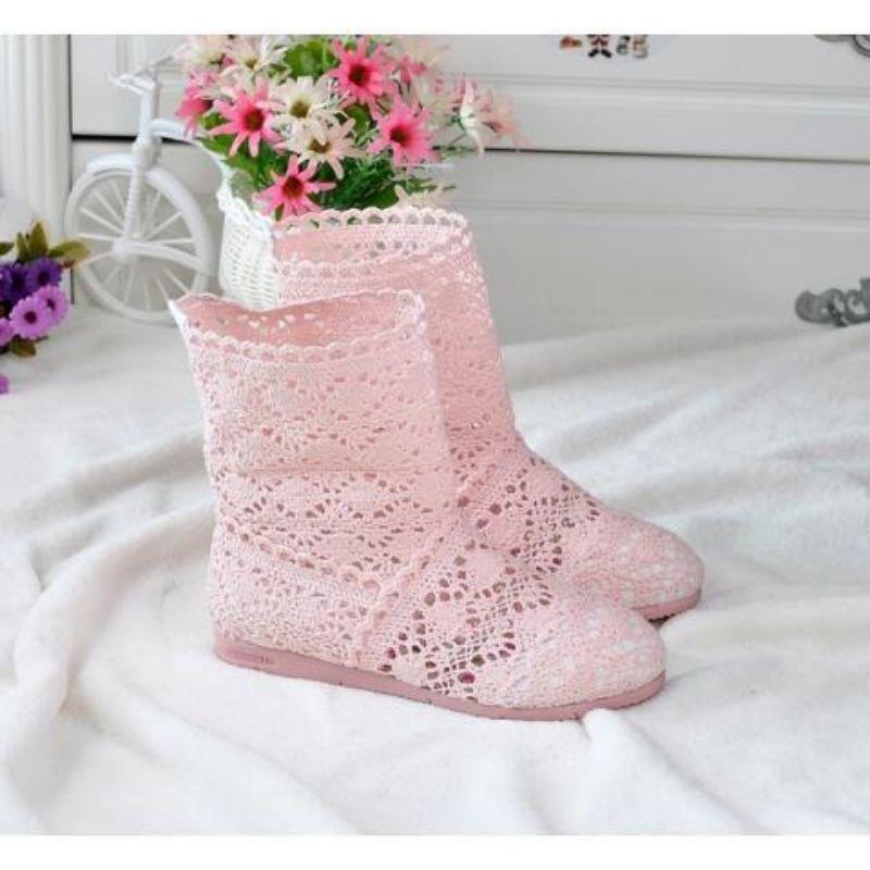 Spets ihåliga stövlar Skor Andas stickad linje Mesh koreansk högsommar dam stövlar Knähöga damskor