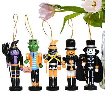 13CM Halloween Nutcracker Ornaments 5 Pieces Wooden Mini Halloween Nutcracker Ornament Witch Skull Small Pendant