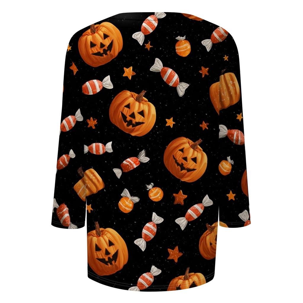 Women Casual Halloween Print Three Quarter Sleeve Round Neck Top Lightweight Comfortable Fit Fashionable Shirt for Everyday Wear