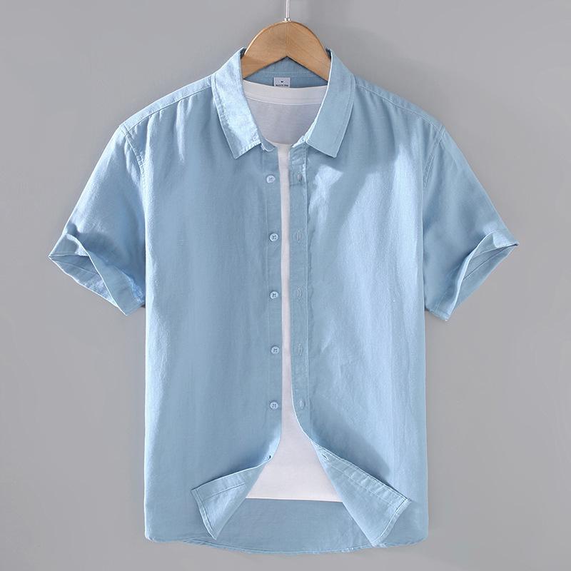 Cotton Linen Men's Short-Sleeved Shirts Summer Streetwear Plain Color Stand Collar Casual Beach Style Plus Size