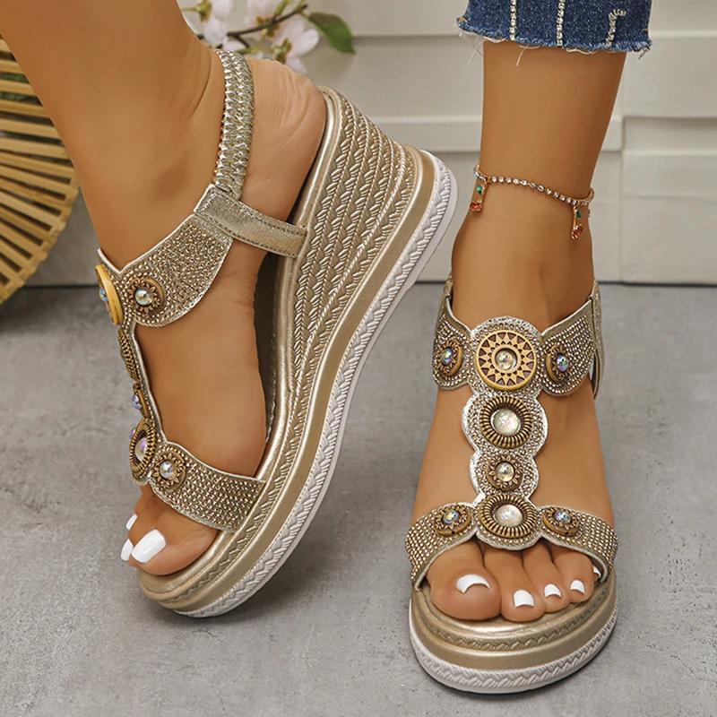 Fashion Fashion Women Shoes Crystals Wedges Heel Sandals Women Summer Chunky Platform Bohemian Sandalias Mujer Slip On High Heels Sandle