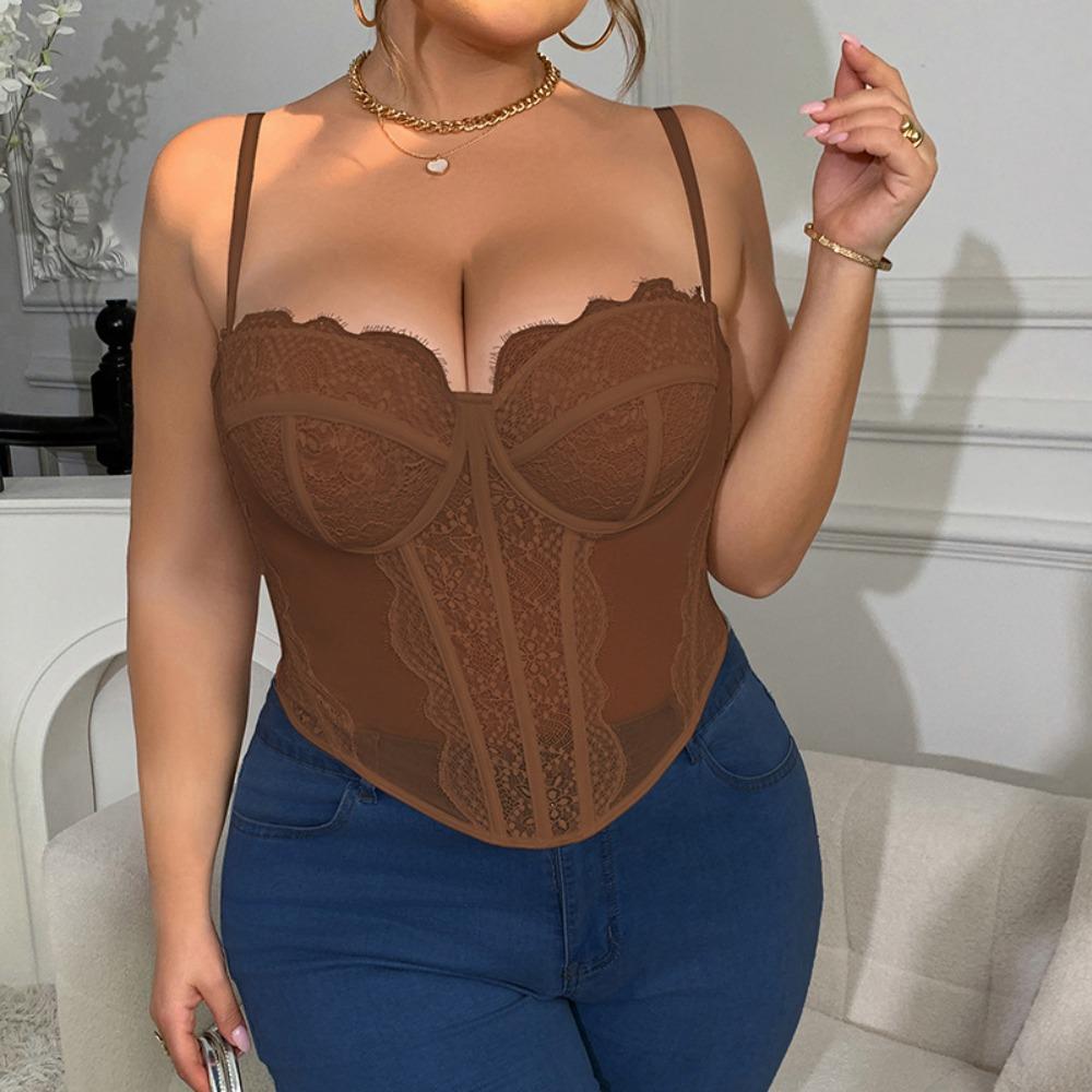 1XL-4XL Big Size Lace Corset Transparent Lace Crop Tops Elastic Suspender Vest  Ladies