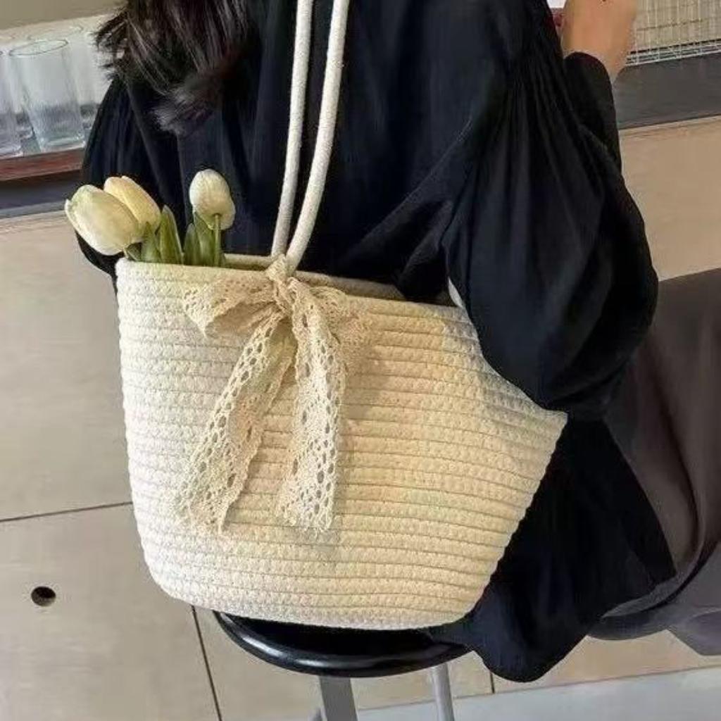 Gewebte Strohtasche für Damen, Großes Fassungsvermögen, Wolle und Baumwollgarn, Modische Herbst- und Winter-Vielseitige Umhängetasche, Strandtasche, Tragetasche