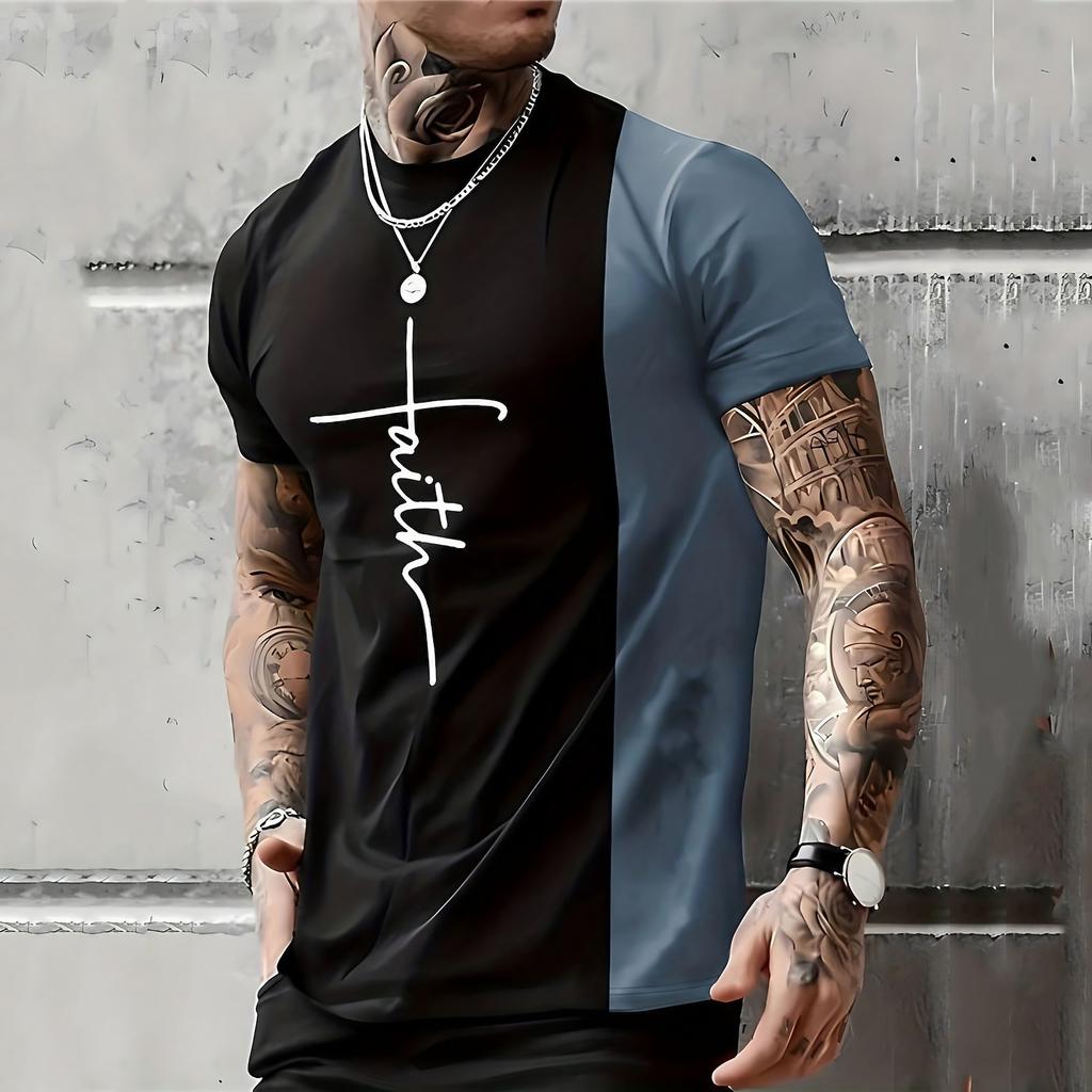 Men's Bible Cross Graphic T Shirt All Over Print Gradient Crew Neck Short Sleeve Christian Faith Gift Designer Clothing