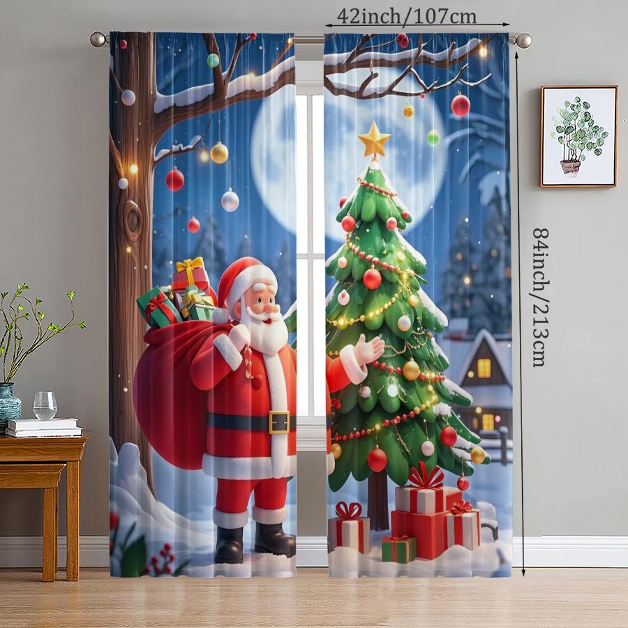 Set Of 2 Christmas Santa Claus Tree Pattern Printed Curtains Decorations Home Room Curtain Polyester Modern