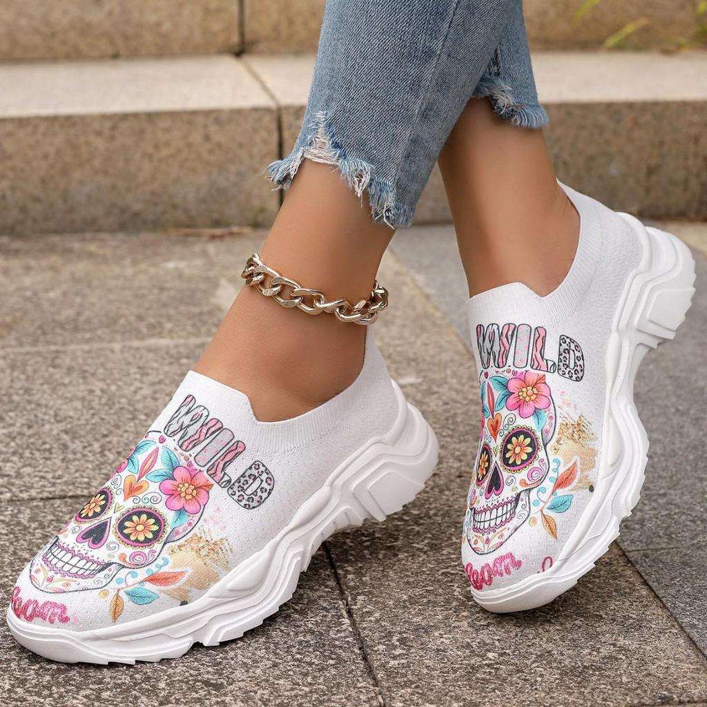 Lucyever Colour Printed Women Sport Sneaker Autumn Breathable Mesh Platform Sneakers Woman Plus Size Slip On Running Shoes 43