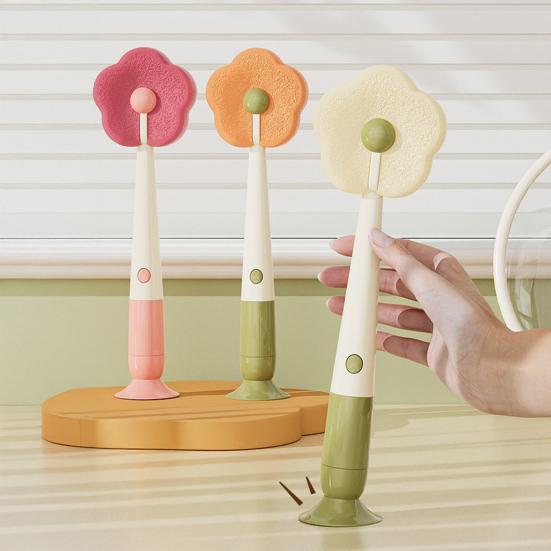 Cleaning Brush Soft Flower-shaped Sponge Head Long Handle Cup Brush Suction Base Bottles Water Cups Cleaning Scrubber