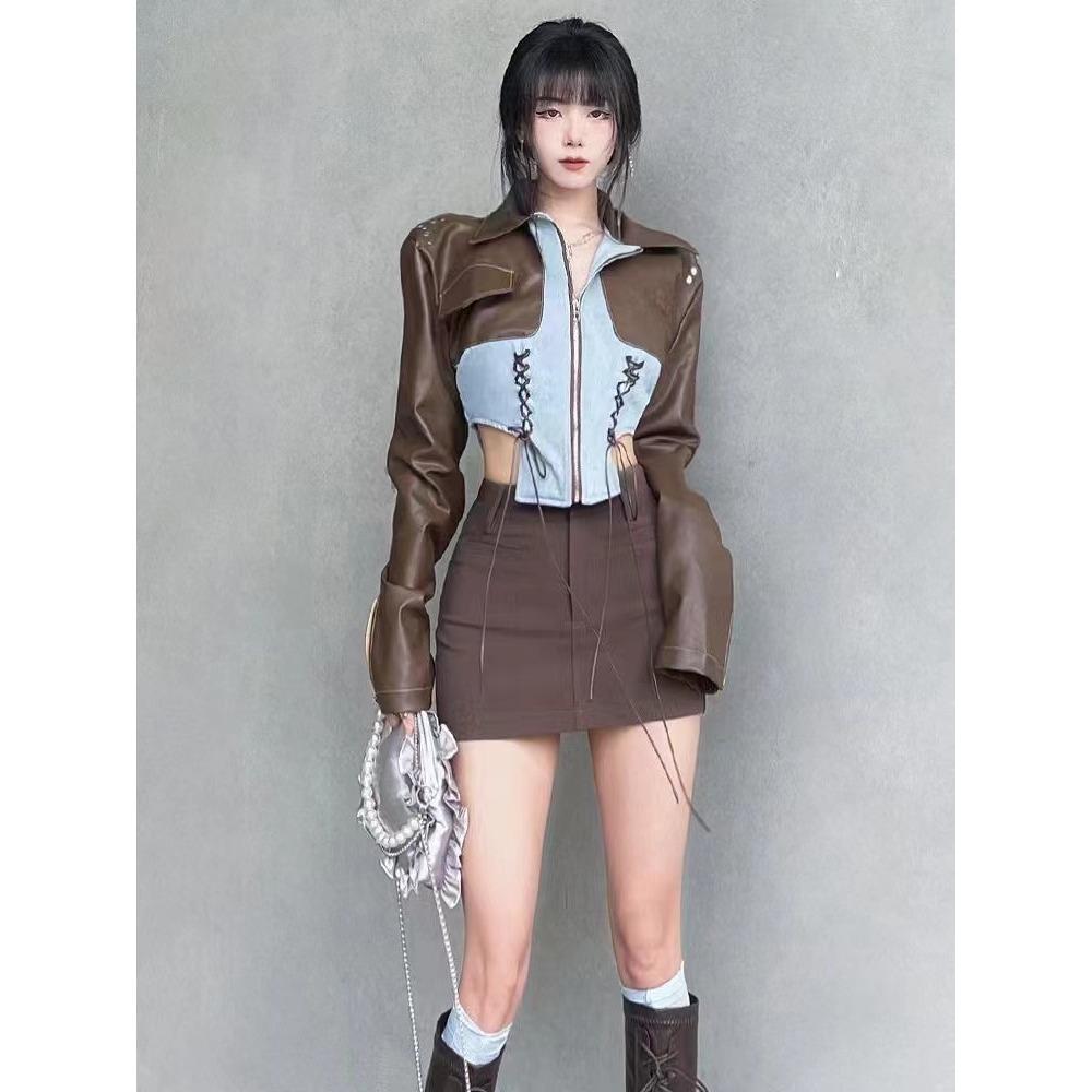 High-end Color-blocked Lace-up Lapel PU Leather Short Jacket for Women In Autumn New Style Fashionable Design Versatile Top
