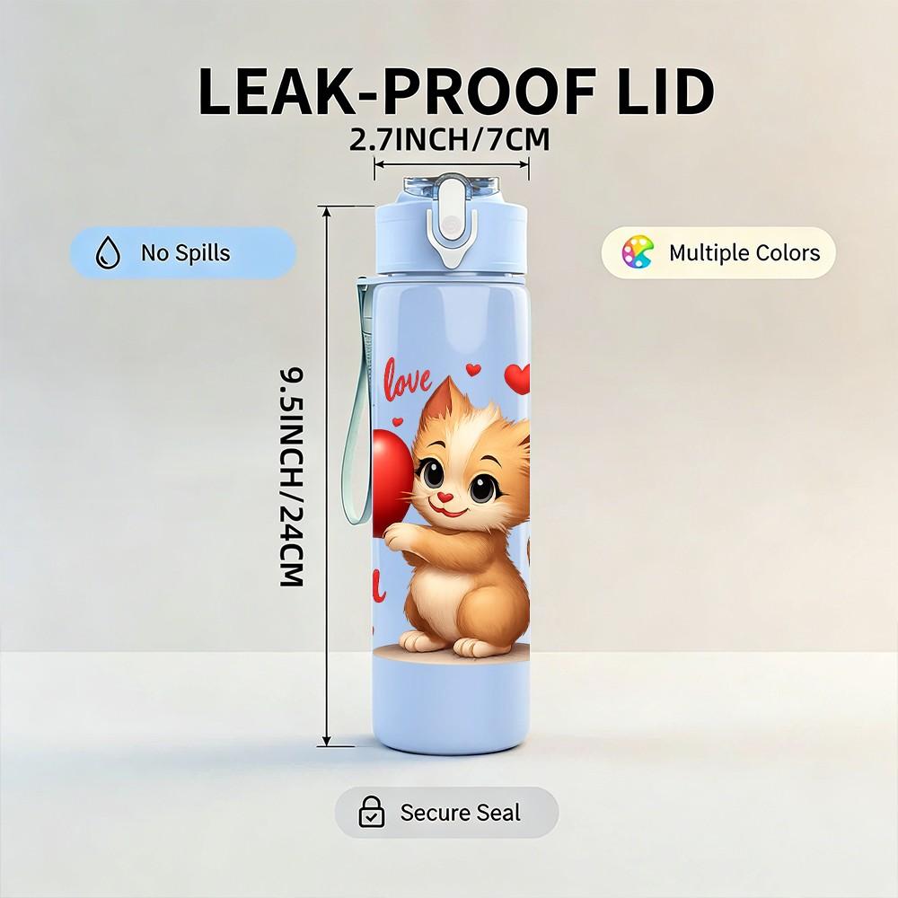 1PC I Love You Valentine Kitten 750ml Color Plastic Sports Water Bottle Leakproof Flip Straw Lid Suitable for Sports Office Home Use
