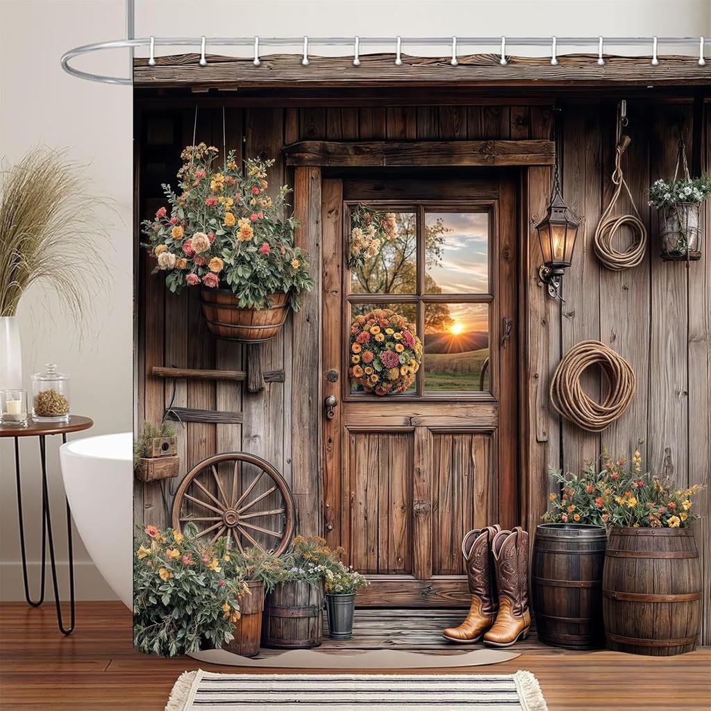 Rustic Farmhouse Floral Shower Curtain Purple Teal Daisy Flowers Butterfly Abstract Bathroom Curtain Country Farm Turquoise Blue