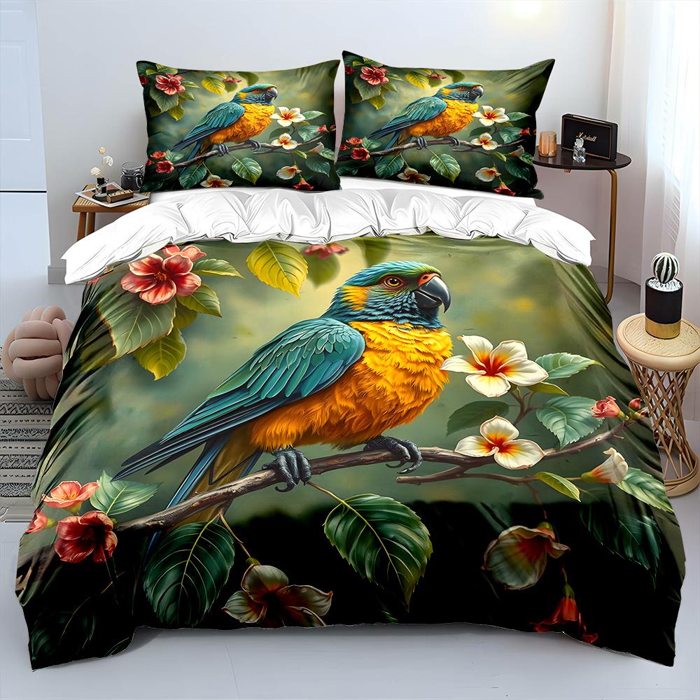 Colorful Parrot On Blooming Branch Print Soft Comfortable Duvet Cover Bedding Set Included 1*Duvet Cover 2*Pillowcases