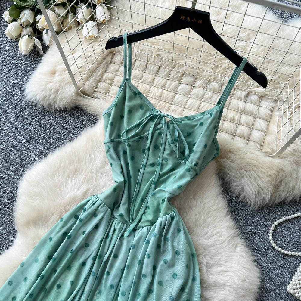 French holiday wind green polka dot suspender dress women's summer versatile high waist and thin temperament long dress