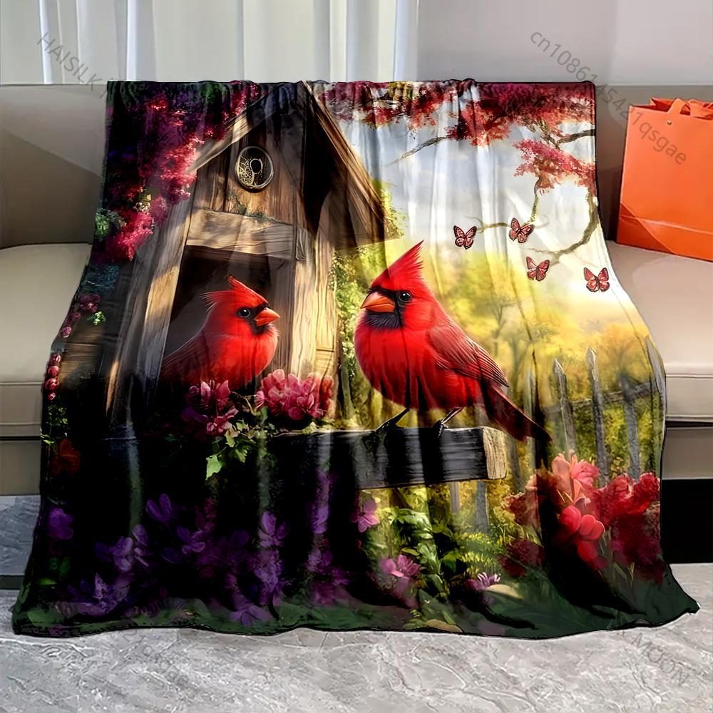 Red Cardinals and Vibrant Blossoms Pattern Blanket Flannel Material Soft Warm for All Seasons Home Outdoor Camping Picnics RV