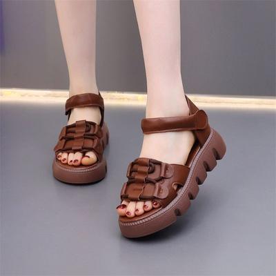 Vintage Mom Shoes Roman Sandals Women 2025 Summer New Velcro Casual Muffin Platform Non-slip Beach Shoes