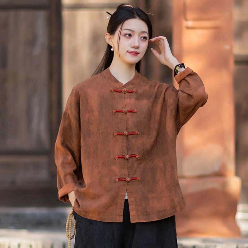 Johnature Women Vintage Blouses Spring Chinese Style Solid Color Shirts Stand Long Sleeve Button Shirts
