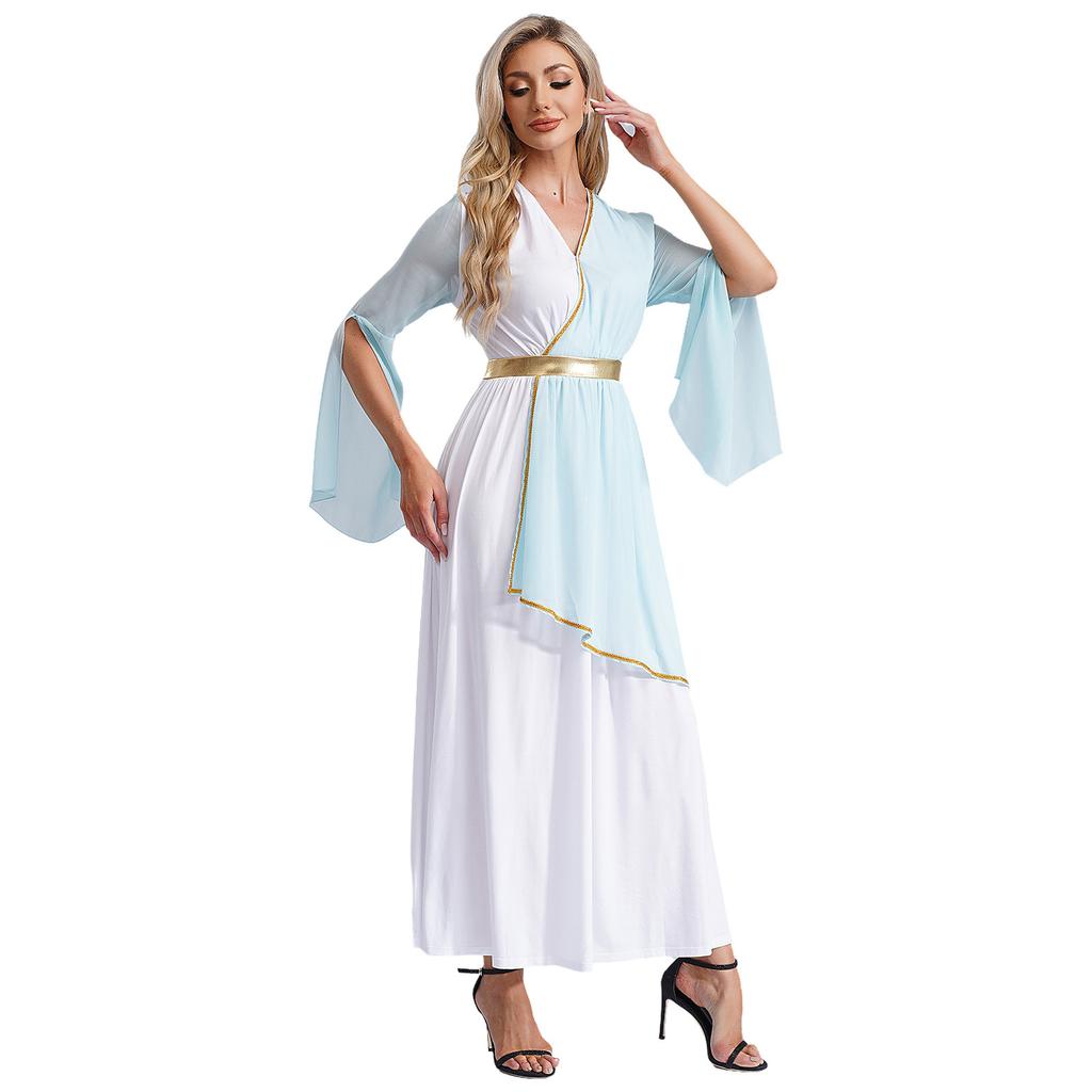 Womens Greek Costume Roman Queen Princess Ancient Toga Gown V Neck Long Sleeve Contrast Fancy Dress