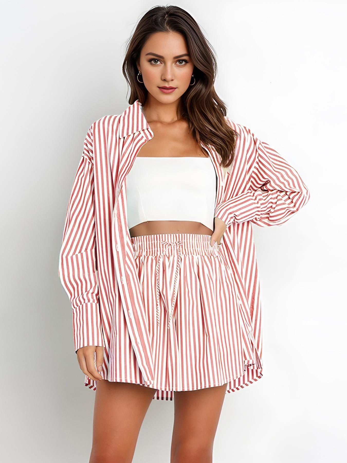 

Women s Striped Loose Fit Shirt and High Waist Shorts Set, Casual Summer Outfits with White Crop Top XXL помаранчевий