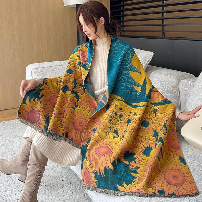 Ethnic Style Landscape Oil Painting Scarf - Autumn/Winter Fashion for Female Students, Warm Imitation Cashmere Shawl
