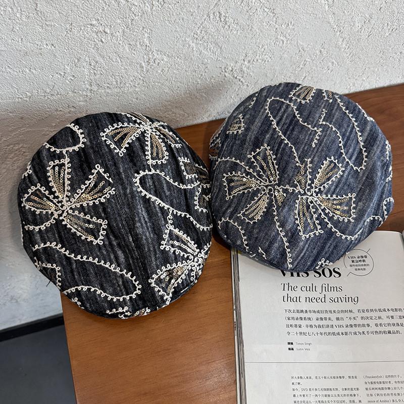 Bestickte Blumen-Denim-Baskenmütze Mit Sonnenschutz Für Frühling Sommer Modeaccessoires