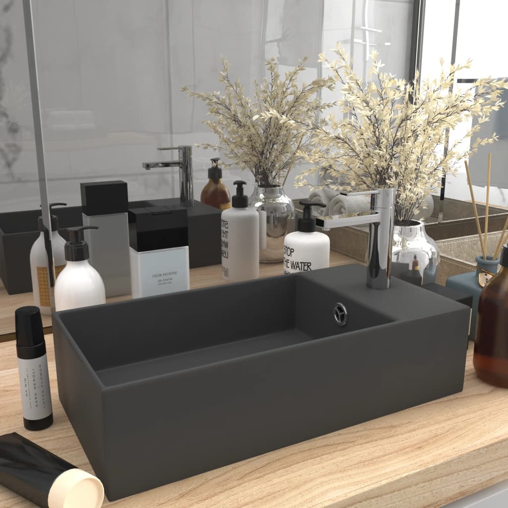 Bathroom Wash Basin with Overflow Ceramic Dark Grey