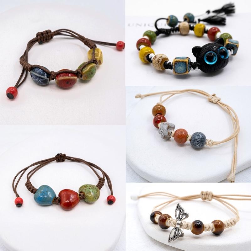 Big Eye Cat Bracelets for Women Men Sweet Cool Heart Ceramic Beaded Bracelet Adjustable Braided Rope Aesthetic Party Jewelry