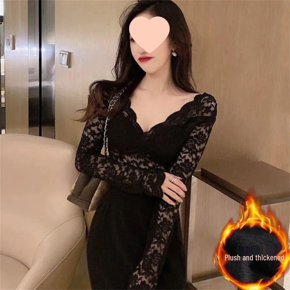 Women's Long-Sleeve V-Neck Lace Base Layer - Fleece-Lined/Unlined Autumn & Winter Sexy Hollow Fashion Top