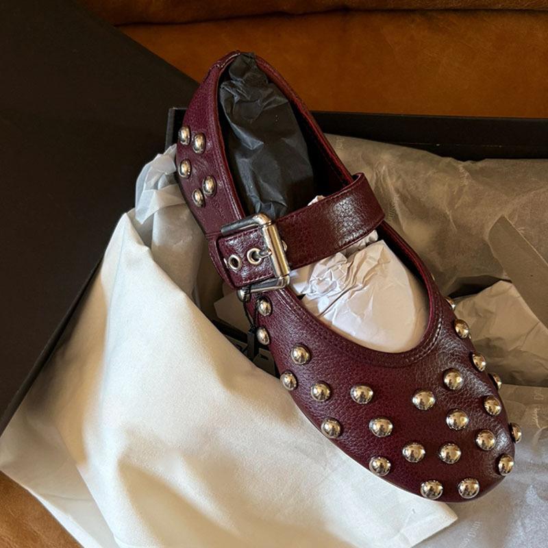 Cowhide version~ niche rivet Mary Jane flats autumn and winter new round head one-word buckle French shallow mouth single shoes