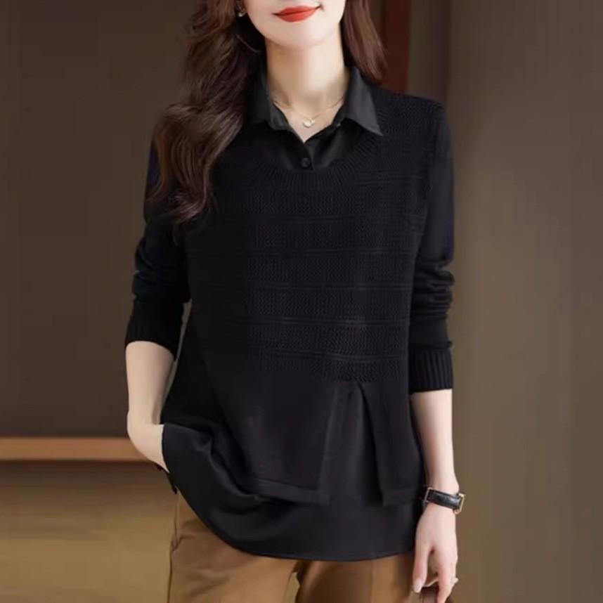 

Корейская рубашка-двойка, вязаный женский модный свободный свитер на весну-осень, базовая рубашка, женский трикотаж, топы 2XL