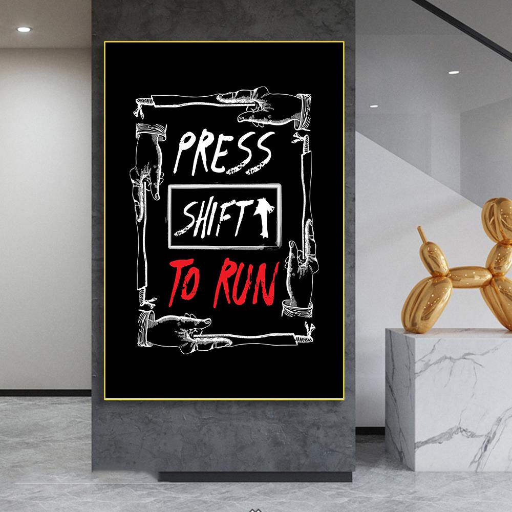 Press Shift To Run Pop Text Poster Black Wall Art Canvas Painting Modern Fashion Abstract Graffiti Prints for Living Room Home Decoration Pictures