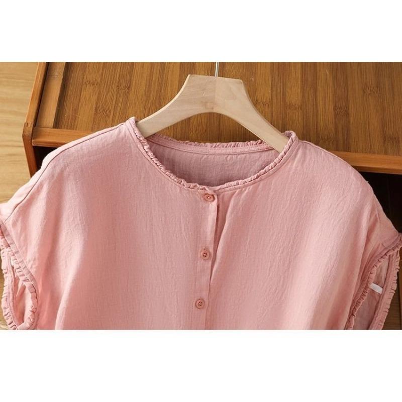 Women Solid Color Ruffle Linen Cotton Shirt Casual Cap Sleeve Breathable Summer Blouse
