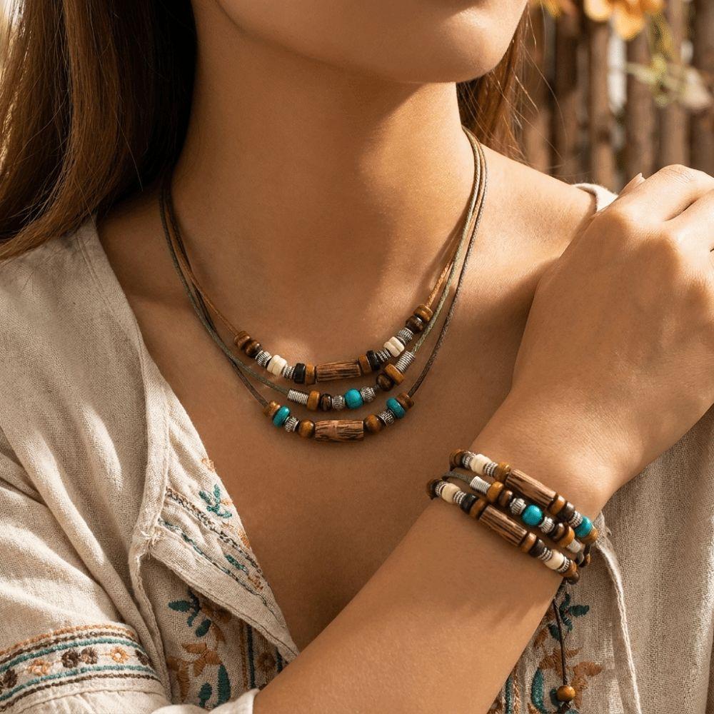 Wood Beads Boho Necklace Set Cord Vintage Wooden Bead Jewelry Wooden Bead Jewelry Set Boho Styling