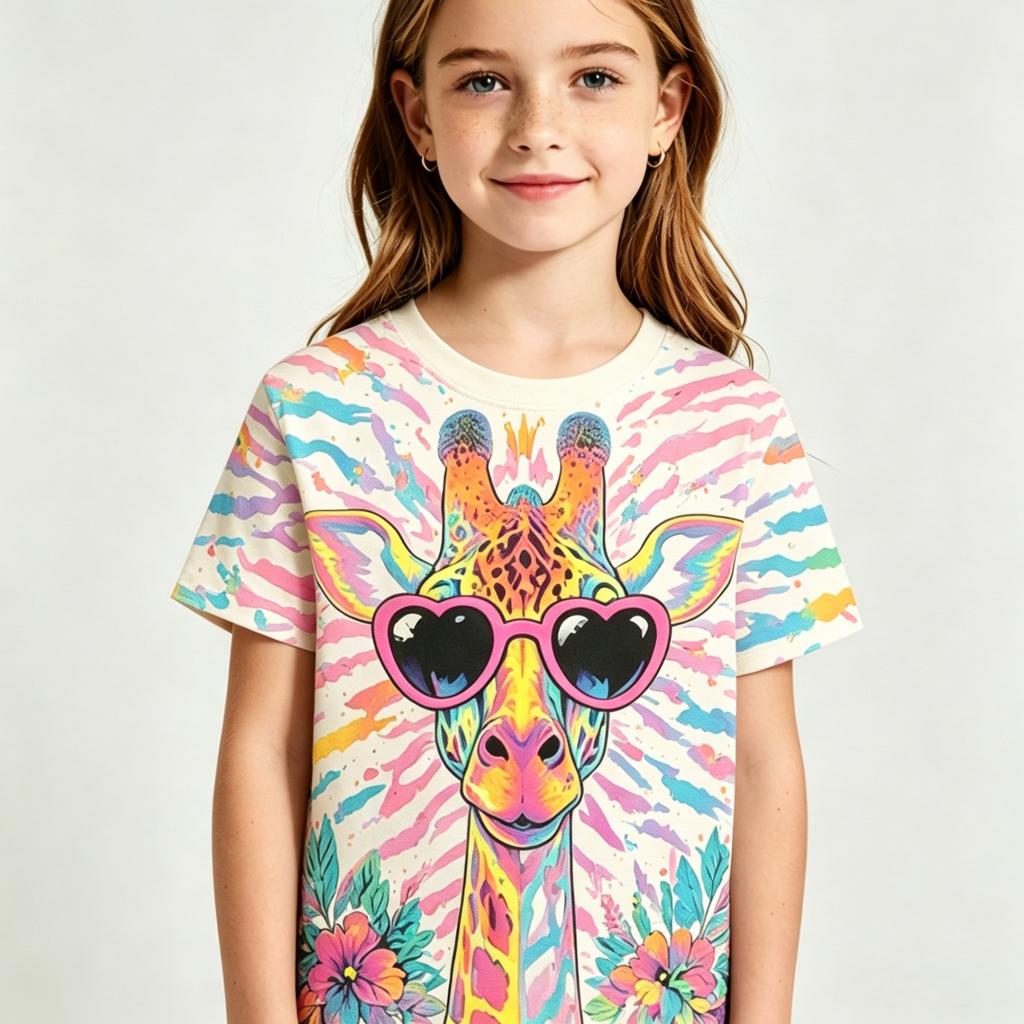 Girls Cool Giraffe Heart Sunglasses Graphic Crew Neck Short Sleeve Tee Fun Party Trip Daily Casual Trendy Streetwear Top