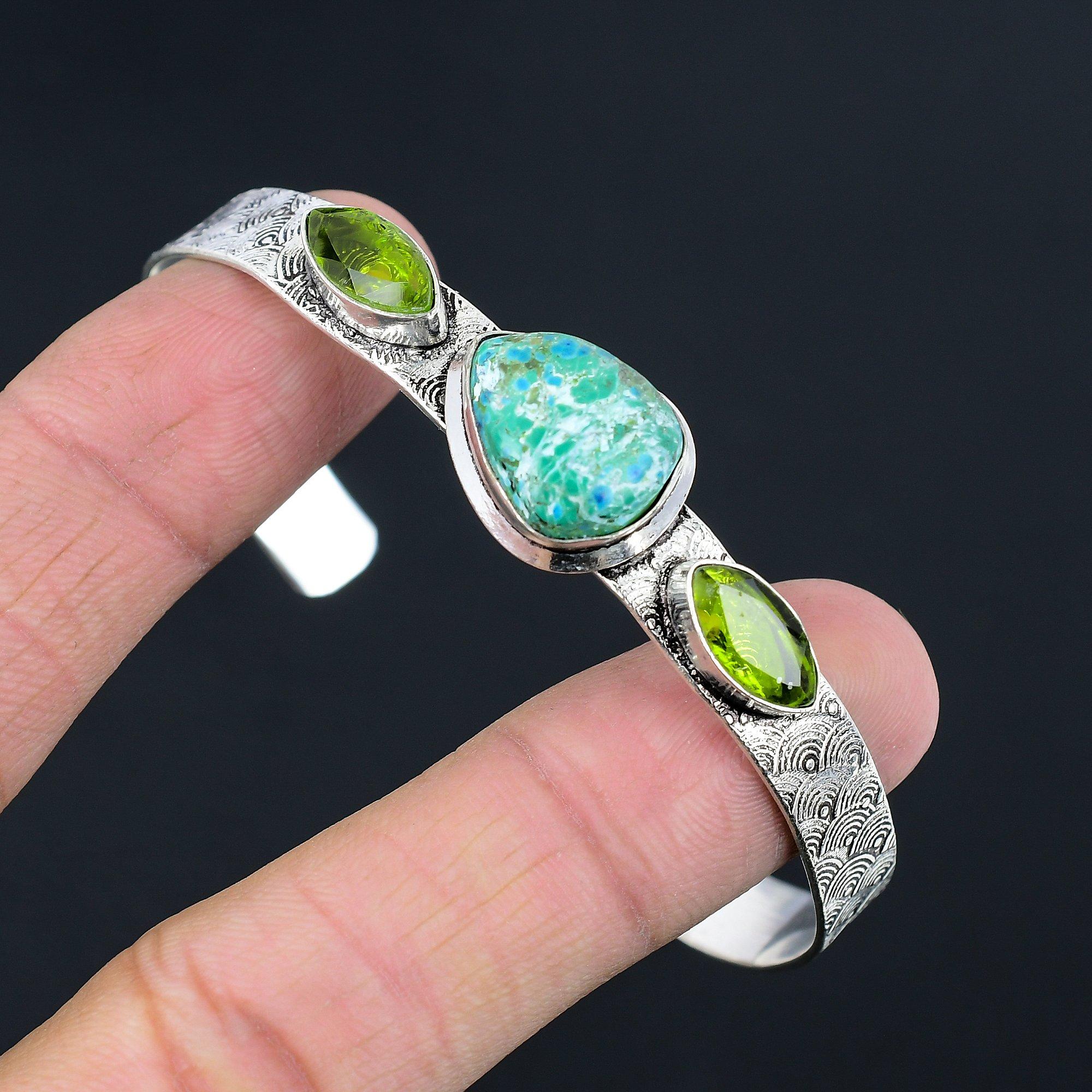 

Natural Chrysocolla Gemstone Bangle Adjustable 925 Sterling Silver For Girls Adjustable