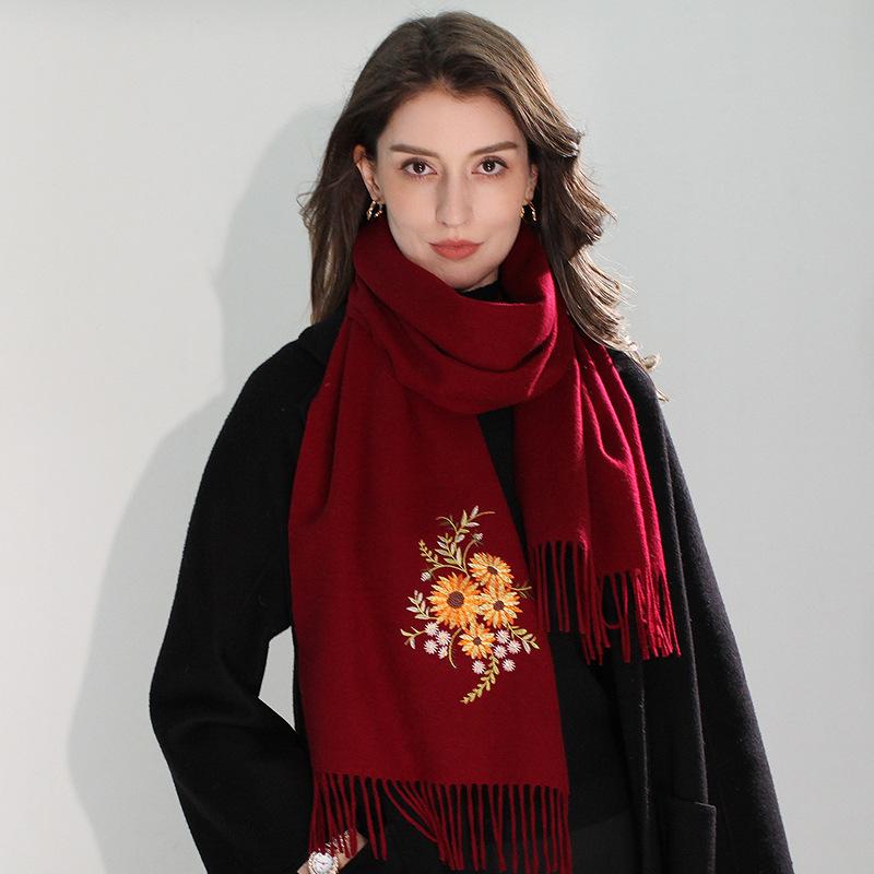 30Cm Woolen Embroidered Pure Wool Scarf, Autumn and Winter Versatile Shawl Thickened To Keep Warm