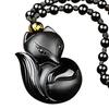 Obsidian Carving Fox Amulet Pendant Bead Chain Necklace Unisex Jewelry Gift