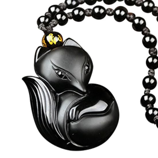 Obsidian Carving Fox Amulet Pendant Bead Chain Necklace Unisex Jewelry Gift