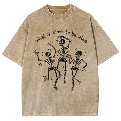 Herren T-Shirt mit Totenkopf-Print Vintage Lockere T-Shirts Damen Lässig Übergroßes T-Shirt O-Ausschnitt Retro Harajuku Tops