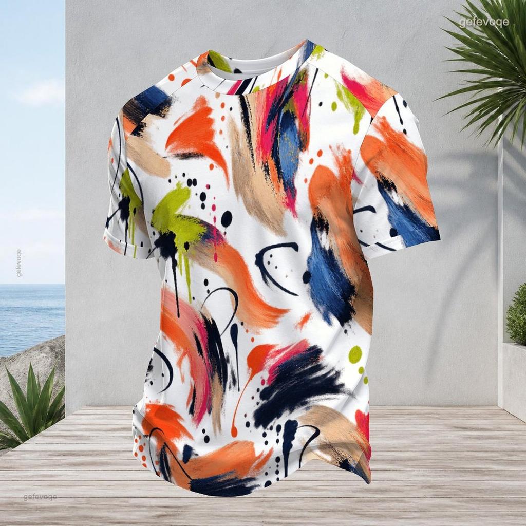 Mens Plus Size Round Neck Raglan Short Sleeve T Shirt Abstract Printed Multicolor