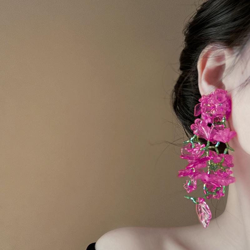 Pink acrylic glass beads flower fringed earrings fashionable fresh studs sweet versatile earrings