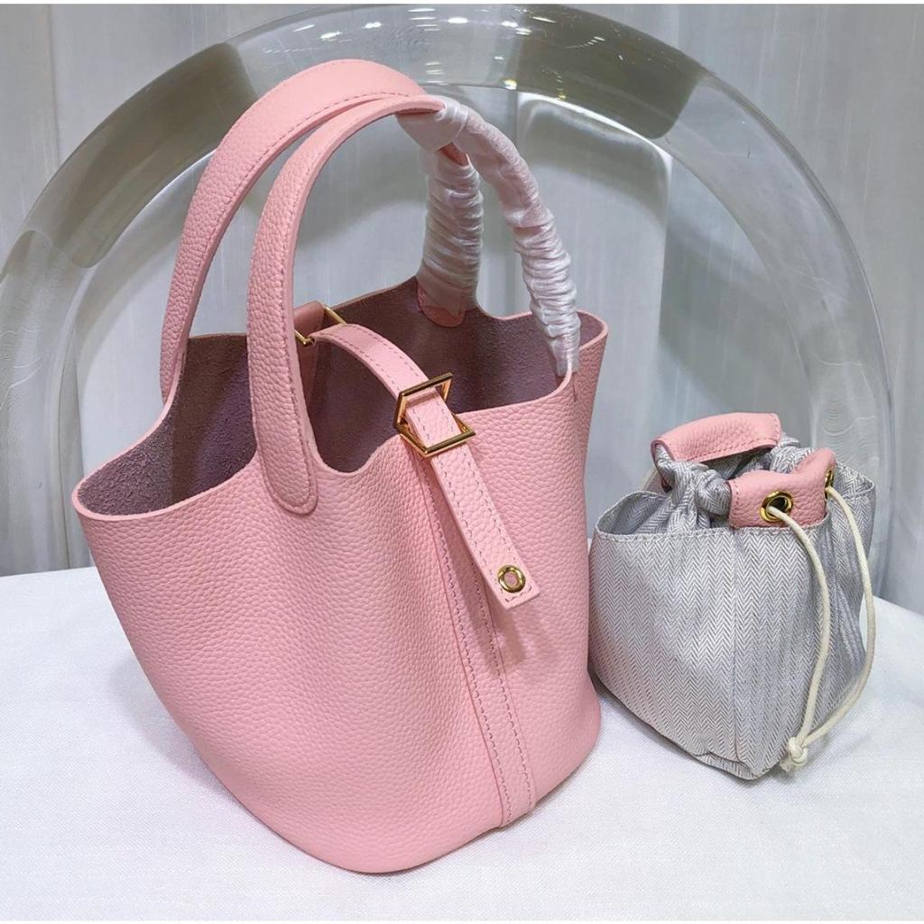 Spot wholesale top layer cowhide vegetable basket bag leather bucket bag commuter fashion lock buckle hand-held handbag woman